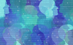 Image of anonymous people surrounded by binary digits